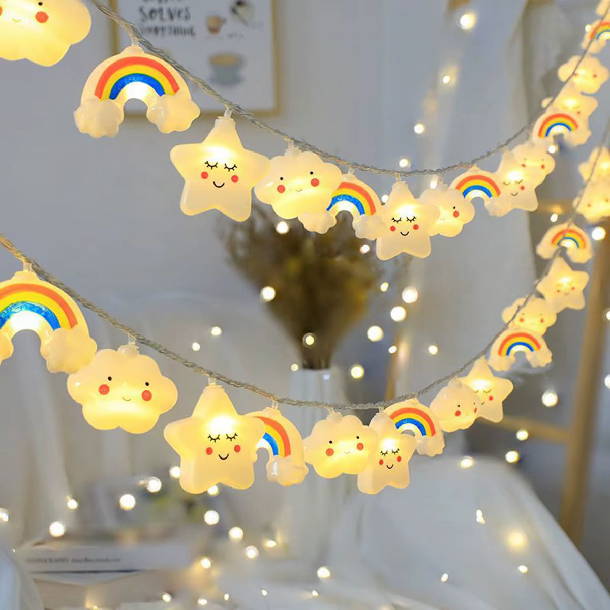 Rainbow, Star & Cloud LED String Lights – Battery Powered Fairy Lights for Bedroom & Party Decor
