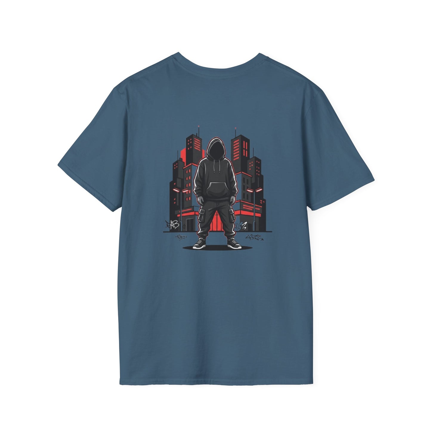 Hooded Figure Cityscape T-Shirt | Urban Streetwear Graphic Tee