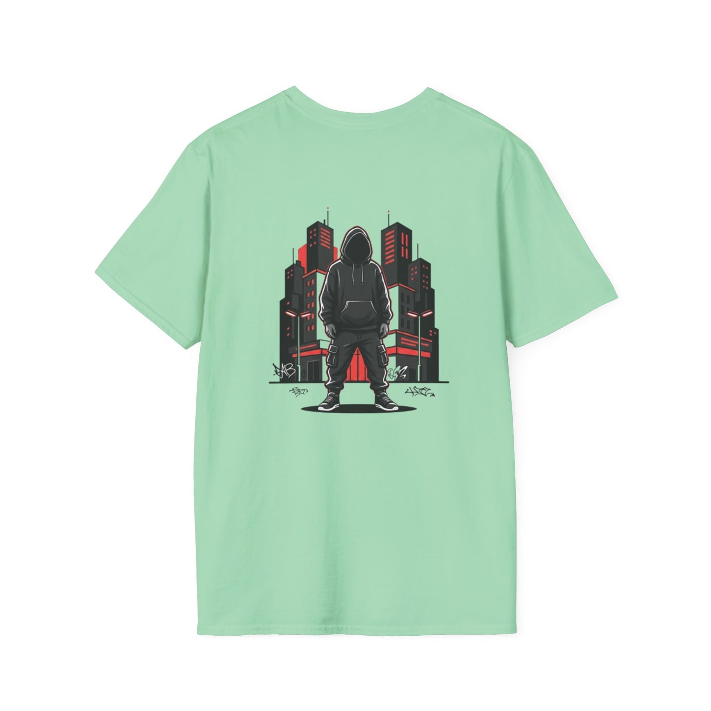 Hooded Figure Cityscape T-Shirt | Urban Streetwear Graphic Tee