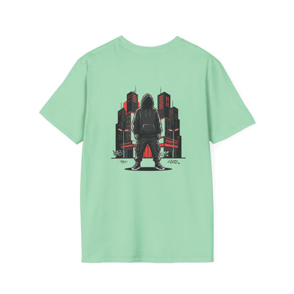 Hooded Figure Cityscape T-Shirt | Urban Streetwear Graphic Tee