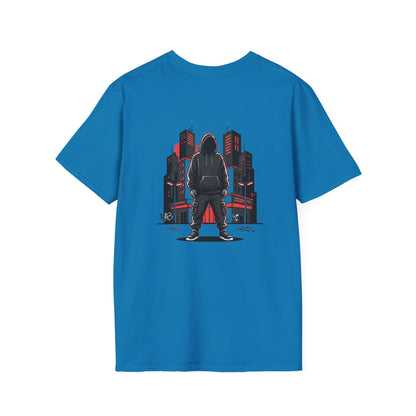 Hooded Figure Cityscape T-Shirt | Urban Streetwear Graphic Tee