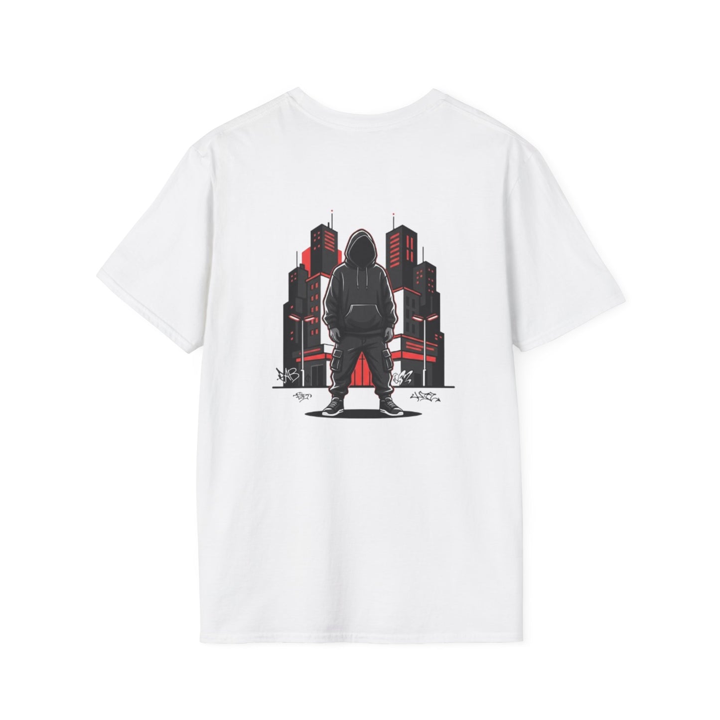 Hooded Figure Cityscape T-Shirt | Urban Streetwear Graphic Tee