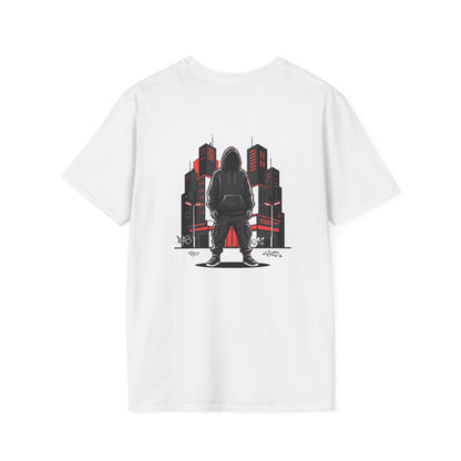 Hooded Figure Cityscape T-Shirt | Urban Streetwear Graphic Tee