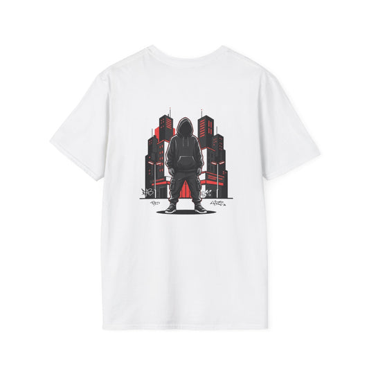 Hooded Figure Cityscape T-Shirt | Urban Streetwear Graphic Tee