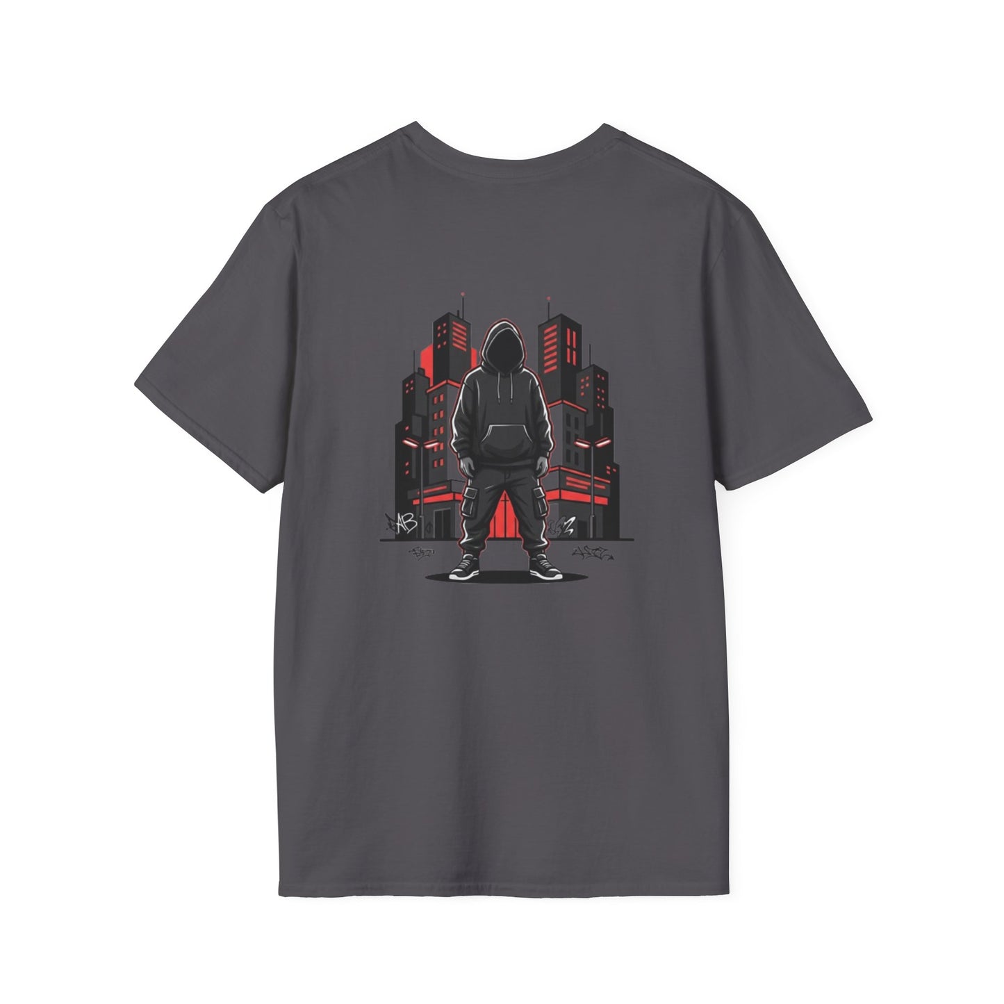 Hooded Figure Cityscape T-Shirt | Urban Streetwear Graphic Tee