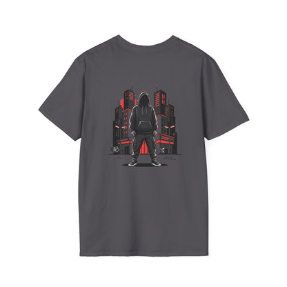 Hooded Figure Cityscape T-Shirt | Urban Streetwear Graphic Tee