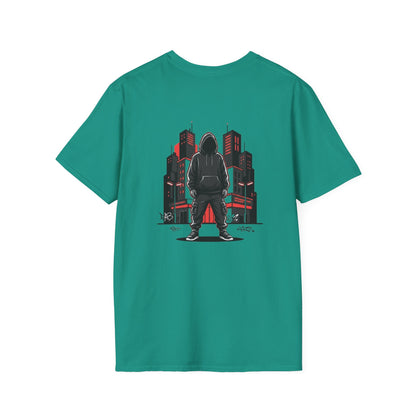 Hooded Figure Cityscape T-Shirt | Urban Streetwear Graphic Tee