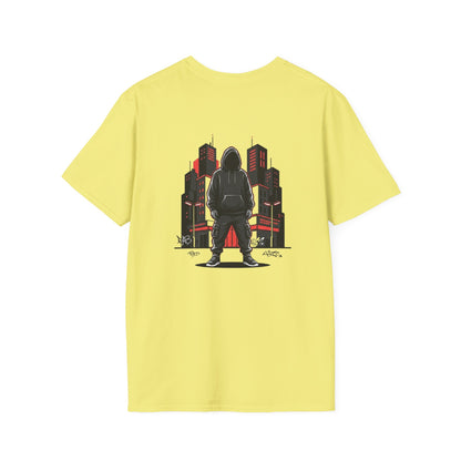 Hooded Figure Cityscape T-Shirt | Urban Streetwear Graphic Tee