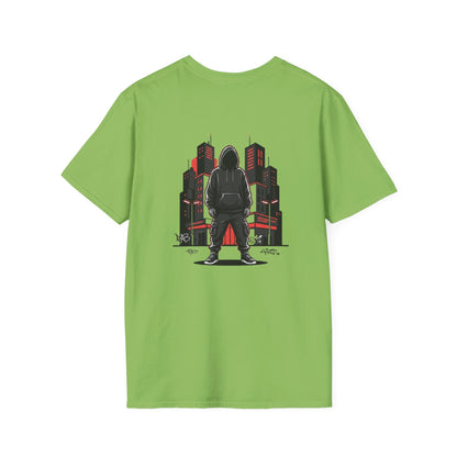 Hooded Figure Cityscape T-Shirt | Urban Streetwear Graphic Tee