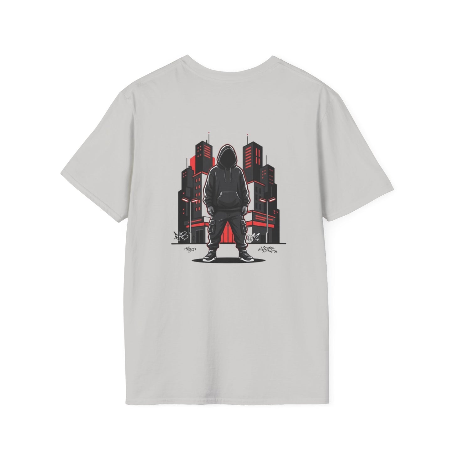 Hooded Figure Cityscape T-Shirt | Urban Streetwear Graphic Tee