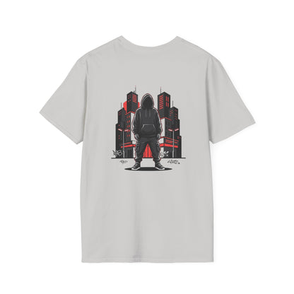 Hooded Figure Cityscape T-Shirt | Urban Streetwear Graphic Tee