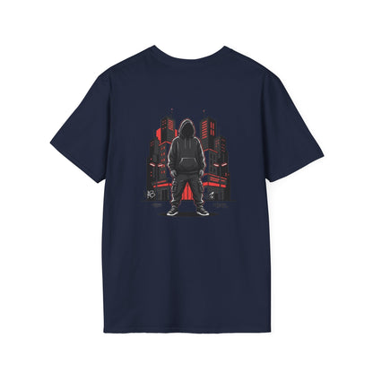 Hooded Figure Cityscape T-Shirt | Urban Streetwear Graphic Tee