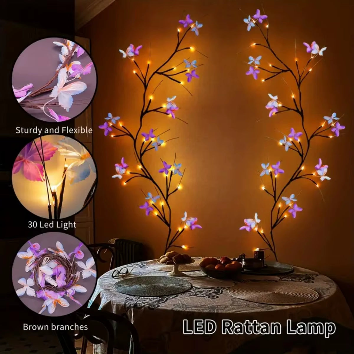 Magical 1Pc 30-LED Willow Vine Light with Butterflies – USB, 8 Modes, Indoor & Outdoor, Waterproof