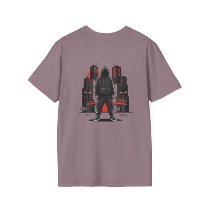 Hooded Figure Cityscape T-Shirt | Urban Streetwear Graphic Tee