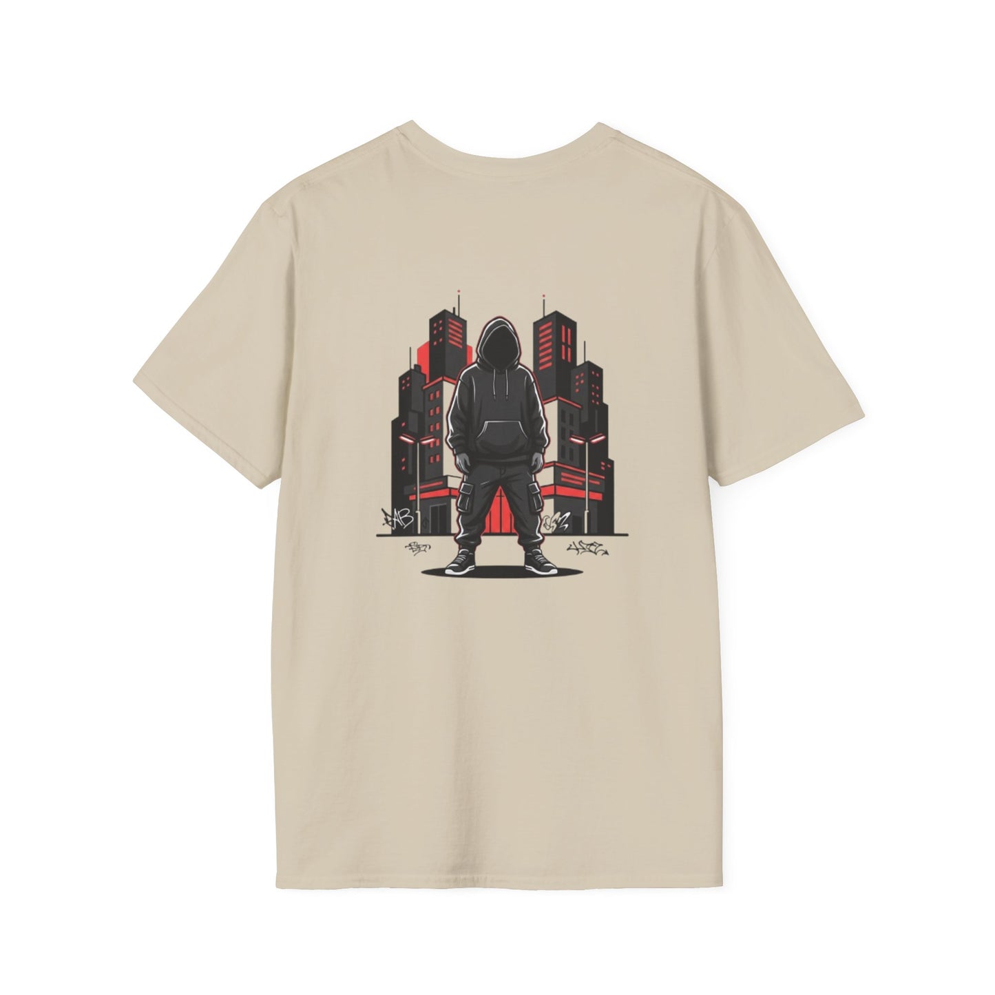 Hooded Figure Cityscape T-Shirt | Urban Streetwear Graphic Tee