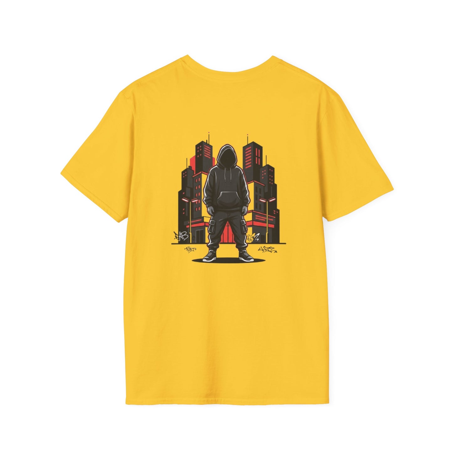 Hooded Figure Cityscape T-Shirt | Urban Streetwear Graphic Tee