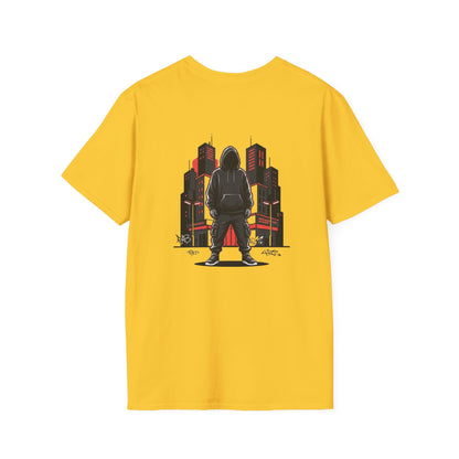 Hooded Figure Cityscape T-Shirt | Urban Streetwear Graphic Tee