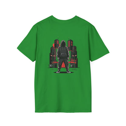 Hooded Figure Cityscape T-Shirt | Urban Streetwear Graphic Tee