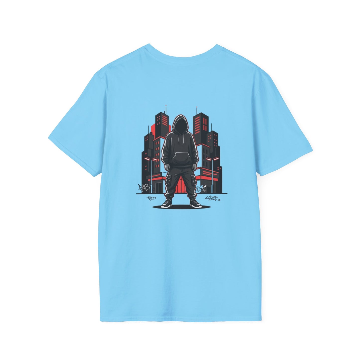 Hooded Figure Cityscape T-Shirt | Urban Streetwear Graphic Tee
