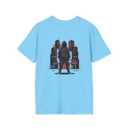 Hooded Figure Cityscape T-Shirt | Urban Streetwear Graphic Tee