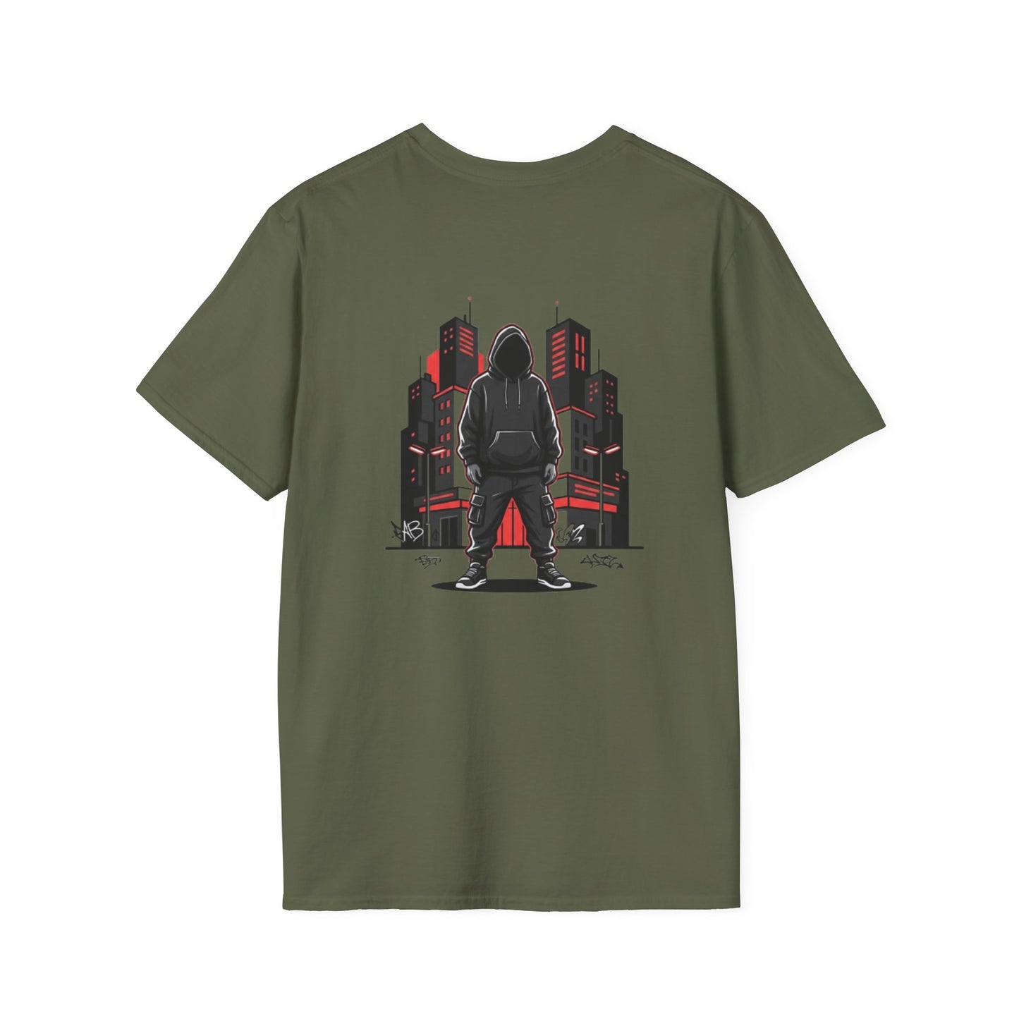 Hooded Figure Cityscape T-Shirt | Urban Streetwear Graphic Tee