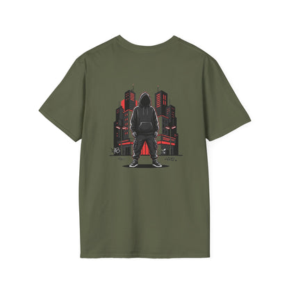 Hooded Figure Cityscape T-Shirt | Urban Streetwear Graphic Tee