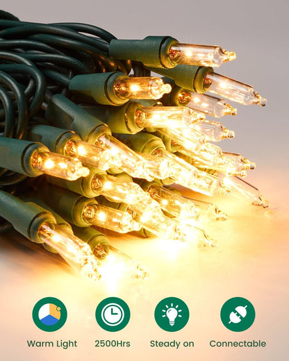 Clear Christmas String Lights 100 Count 25 Feet Incandescent Bulb Mini Lights for Indoor Xmas Tree Garland Birthday Wedding Party Festival Decoration, Green Wire