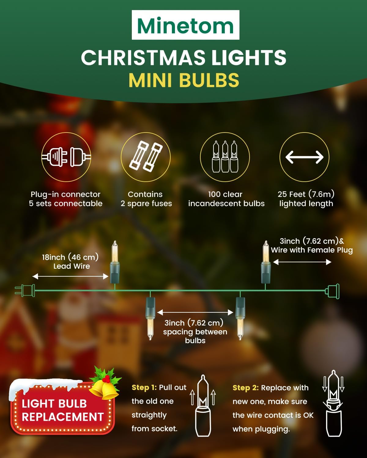 Clear Christmas String Lights 100 Count 25 Feet Incandescent Bulb Mini Lights for Indoor Xmas Tree Garland Birthday Wedding Party Festival Decoration, Green Wire