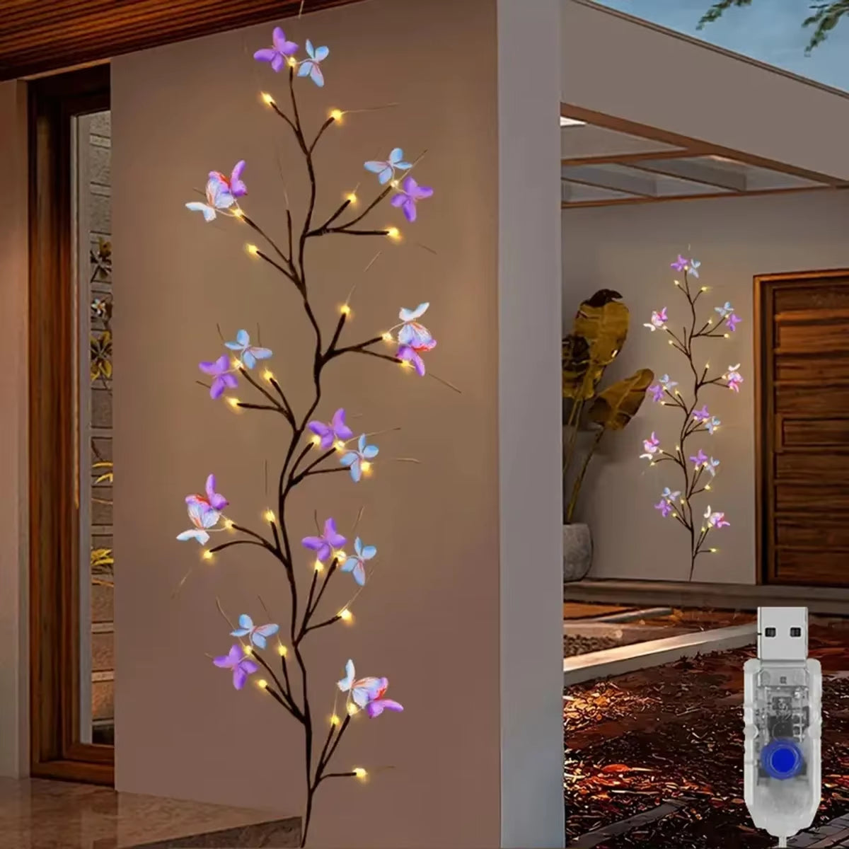 Magical 1Pc 30-LED Willow Vine Light with Butterflies – USB, 8 Modes, Indoor & Outdoor, Waterproof