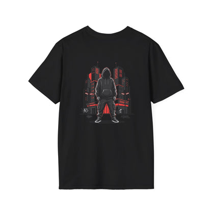 Hooded Figure Cityscape T-Shirt | Urban Streetwear Graphic Tee
