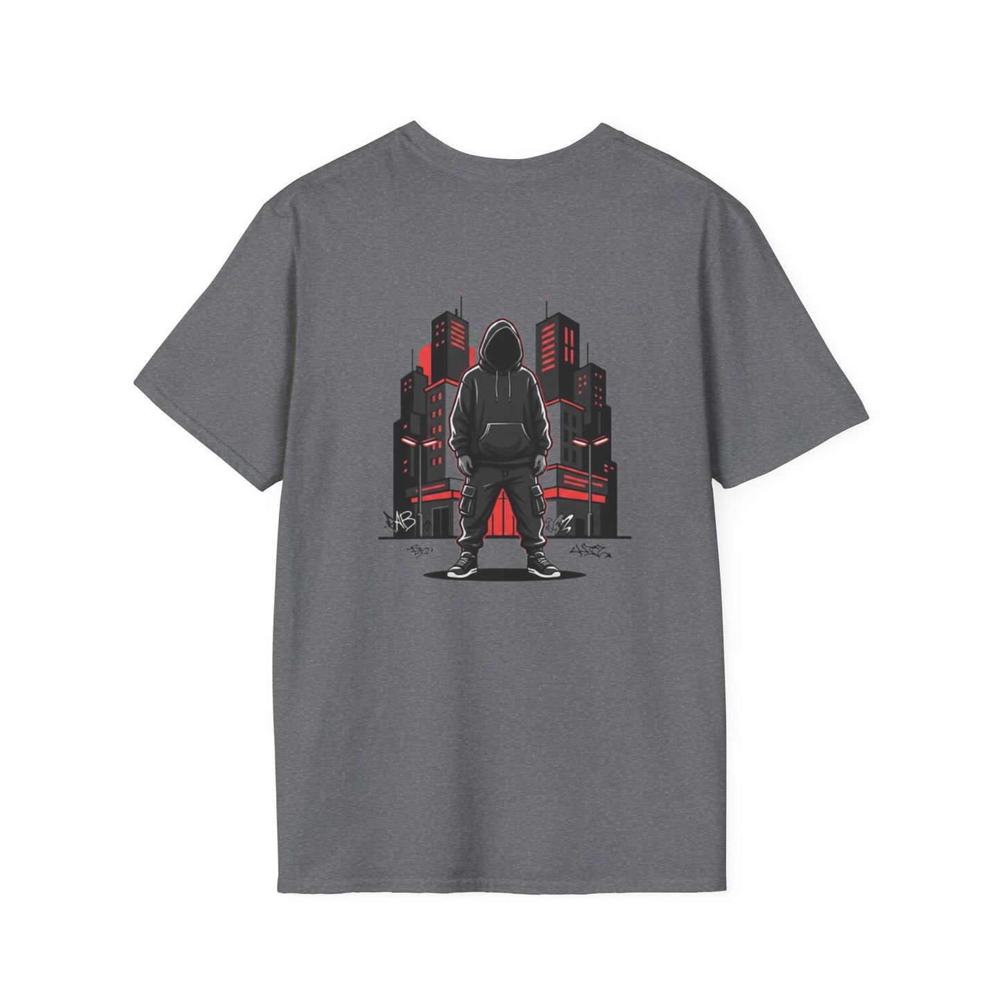 Hooded Figure Cityscape T-Shirt | Urban Streetwear Graphic Tee